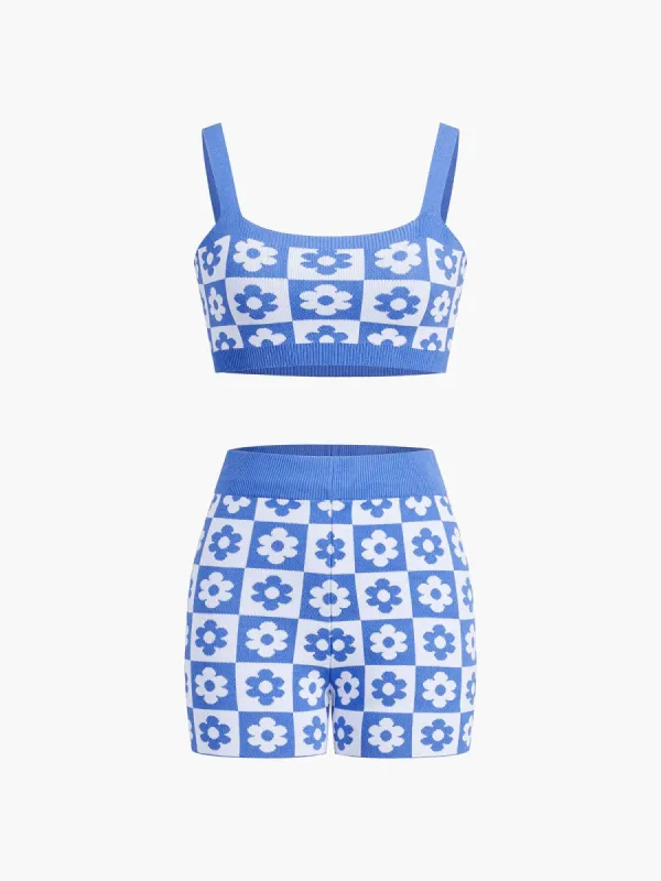 Floral Checkered Two Piece Shorts Set sold by COMMENSE