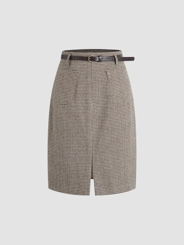 Houndstooth Zip Belted Skirt sold by COMMENSE