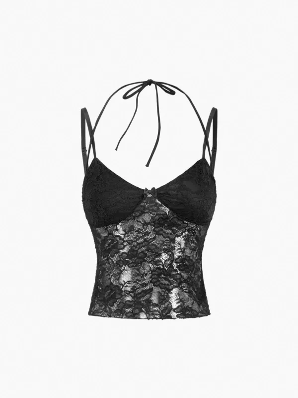 Floral Lace Halter Cami Crop Top sold by COMMENSE