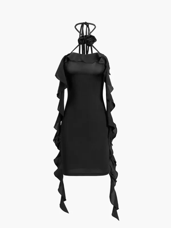 Rose Ruffle Halter Open Back Short Dress sold by COMMENSE