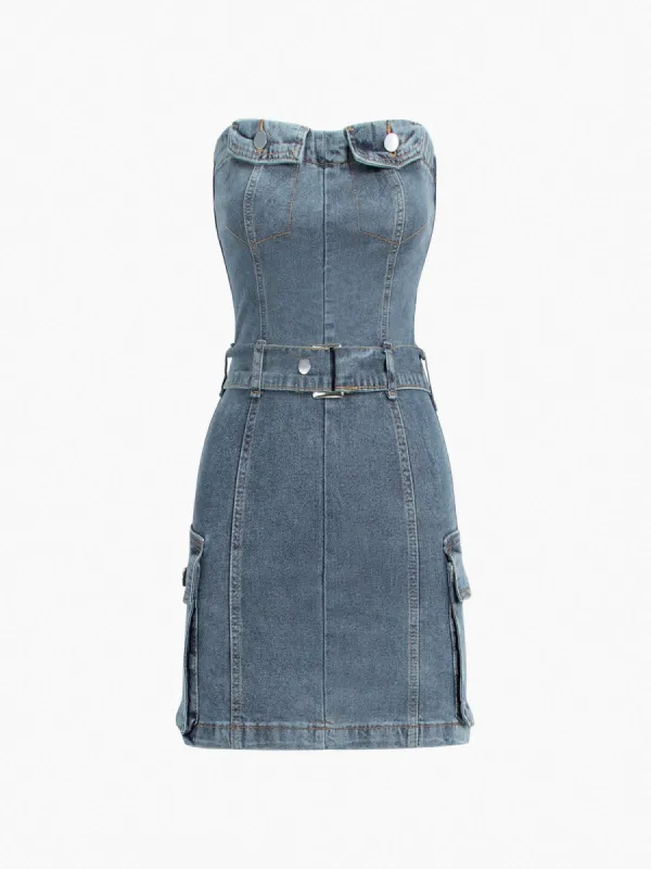 Belted Denim Tube Short Dress made by COMMENSE