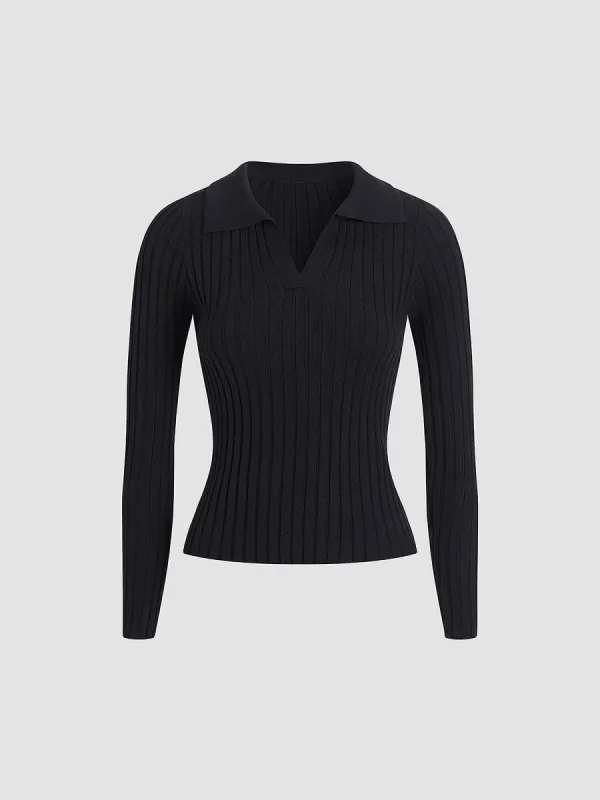 Collared Solid V-Neck Sweater sold by COMMENSE