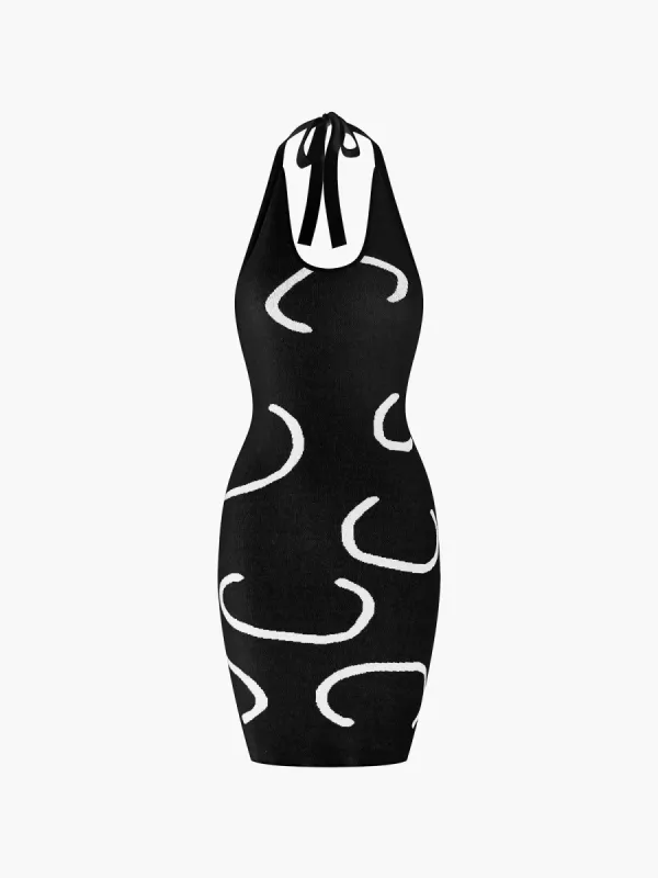 Wavy Print Halter Open Back Short Dress made by COMMENSE