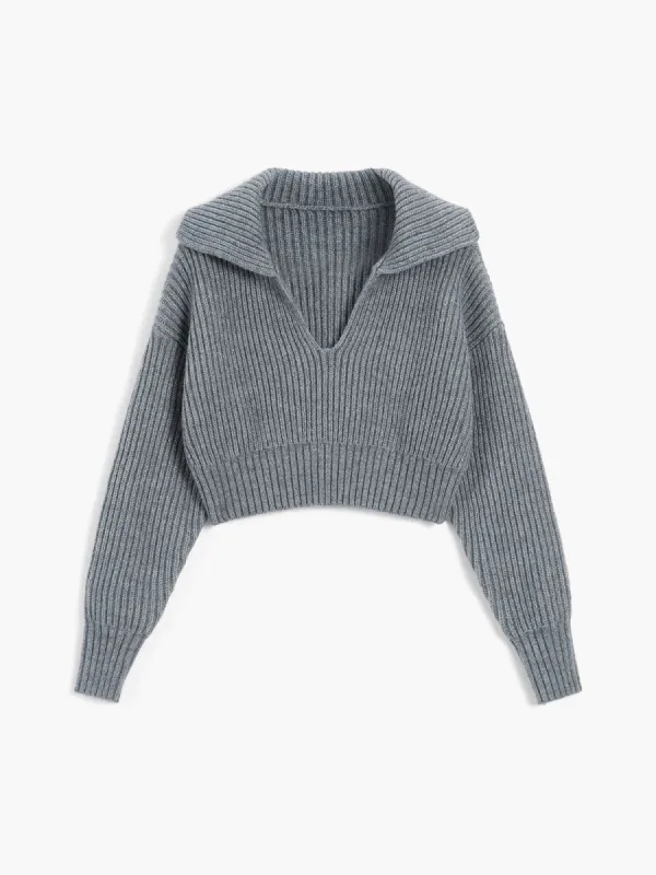 Rib Solid Crop Collared Pullover Sweater made by COMMENSE
