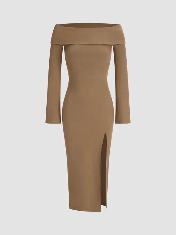 Basic Off Shoulder Slit Long Dress sold by COMMENSE
