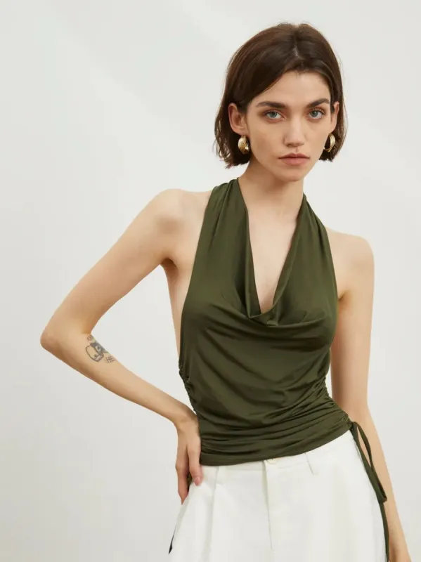 Halter Open Back Drawstring Ruched Top sold by COMMENSE