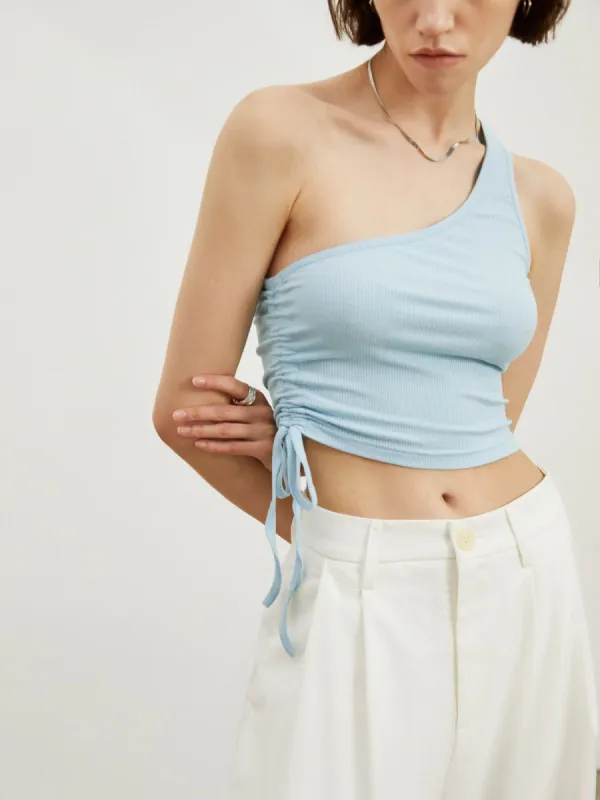 Drawstring One Strap Rib Crop Top sold by COMMENSE