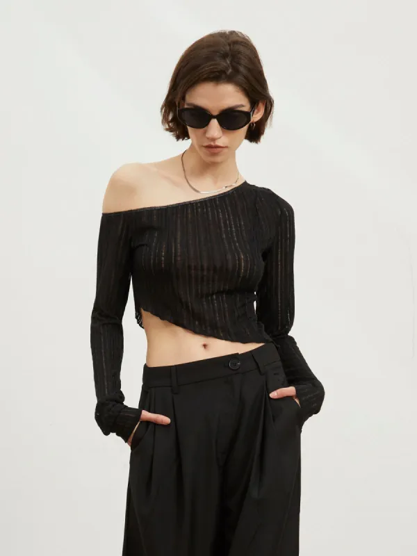 Ladder Knit Oblique Crop Top sold by COMMENSE