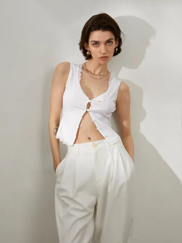 Buttoned Lace Trim Tank Top sold by COMMENSE