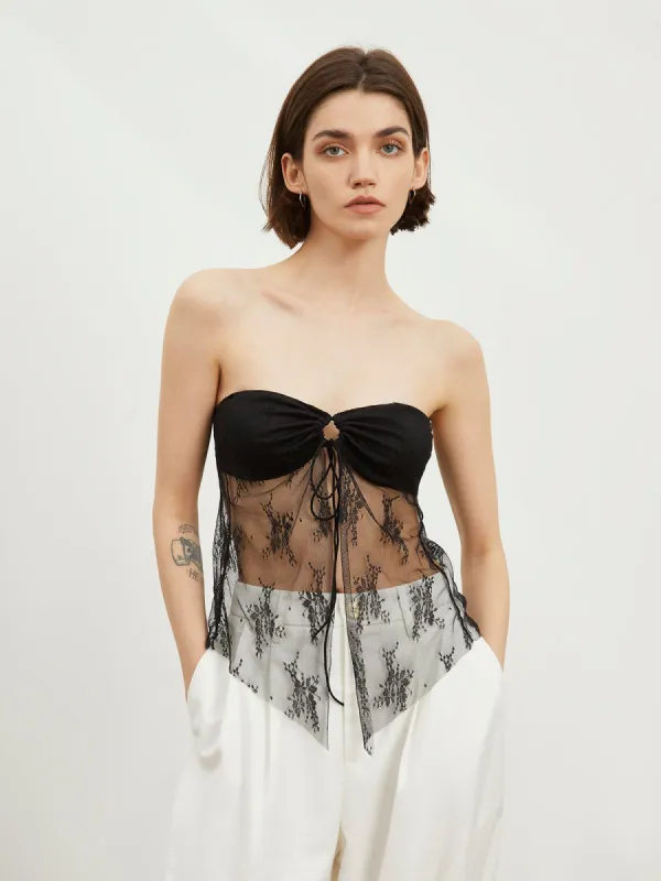 Tied Up Floral Lace Mesh Tube Top sold by COMMENSE