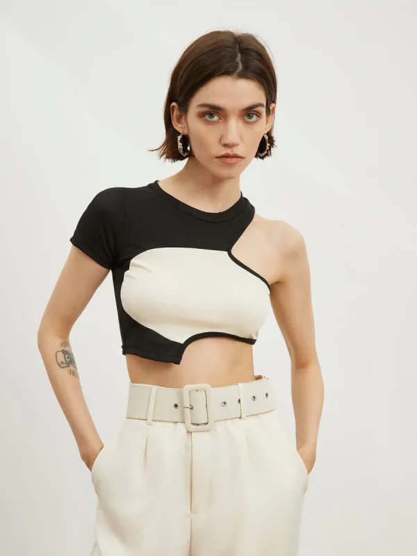 Two Tone One Sleeve Crop Top sold by COMMENSE