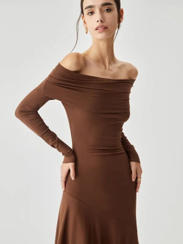 Overfold Off Shoulder Asymmetrical Ruffled Hem Knit Midi Dress sold by COMMENSE