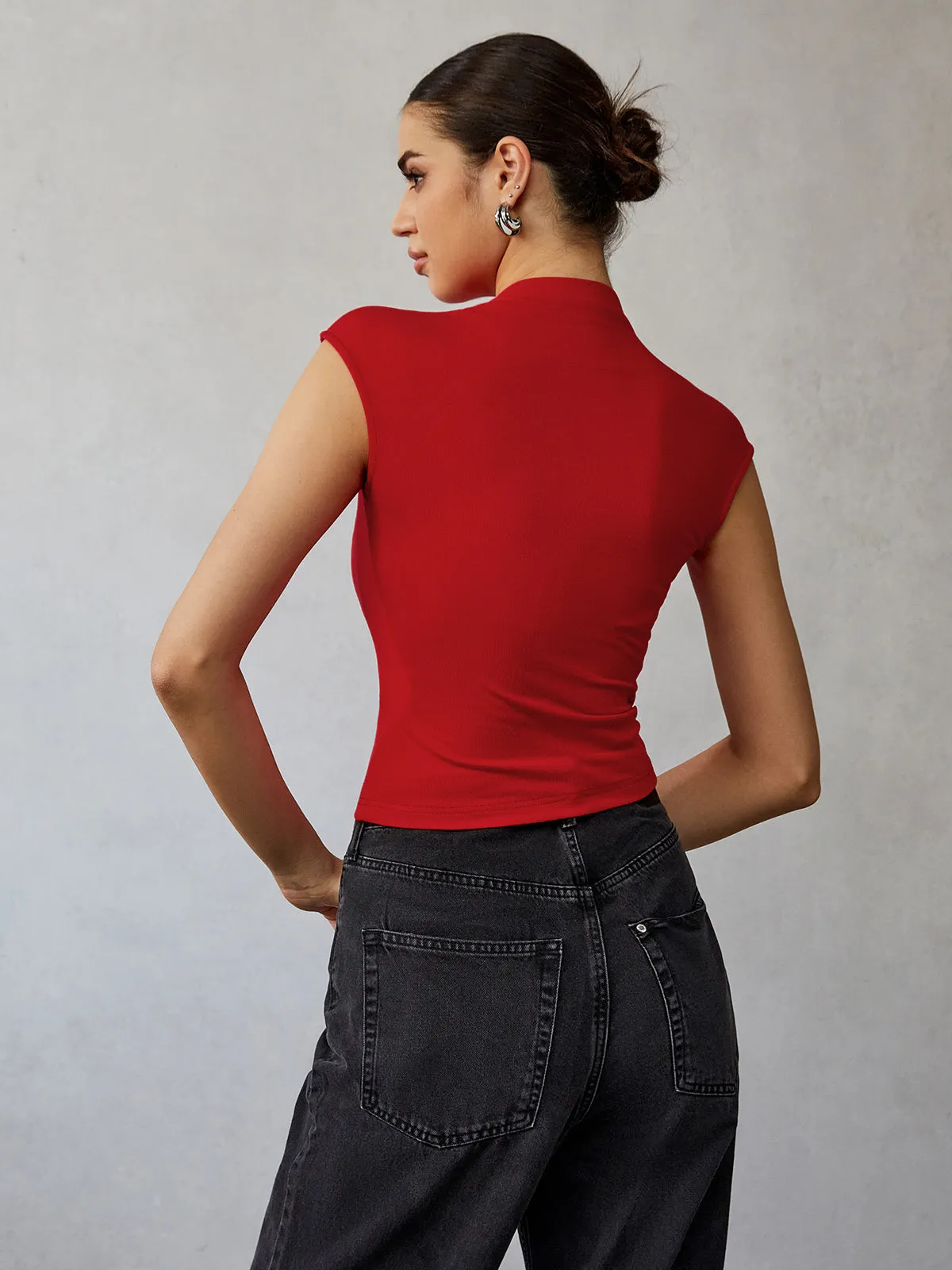 Mock Neck Cap Sleeve T-Shirt sold by COMMENSE product image thumbnail 4