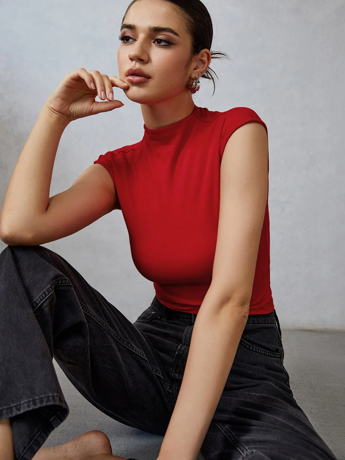 Mock Neck Cap Sleeve T-Shirt sold by COMMENSE