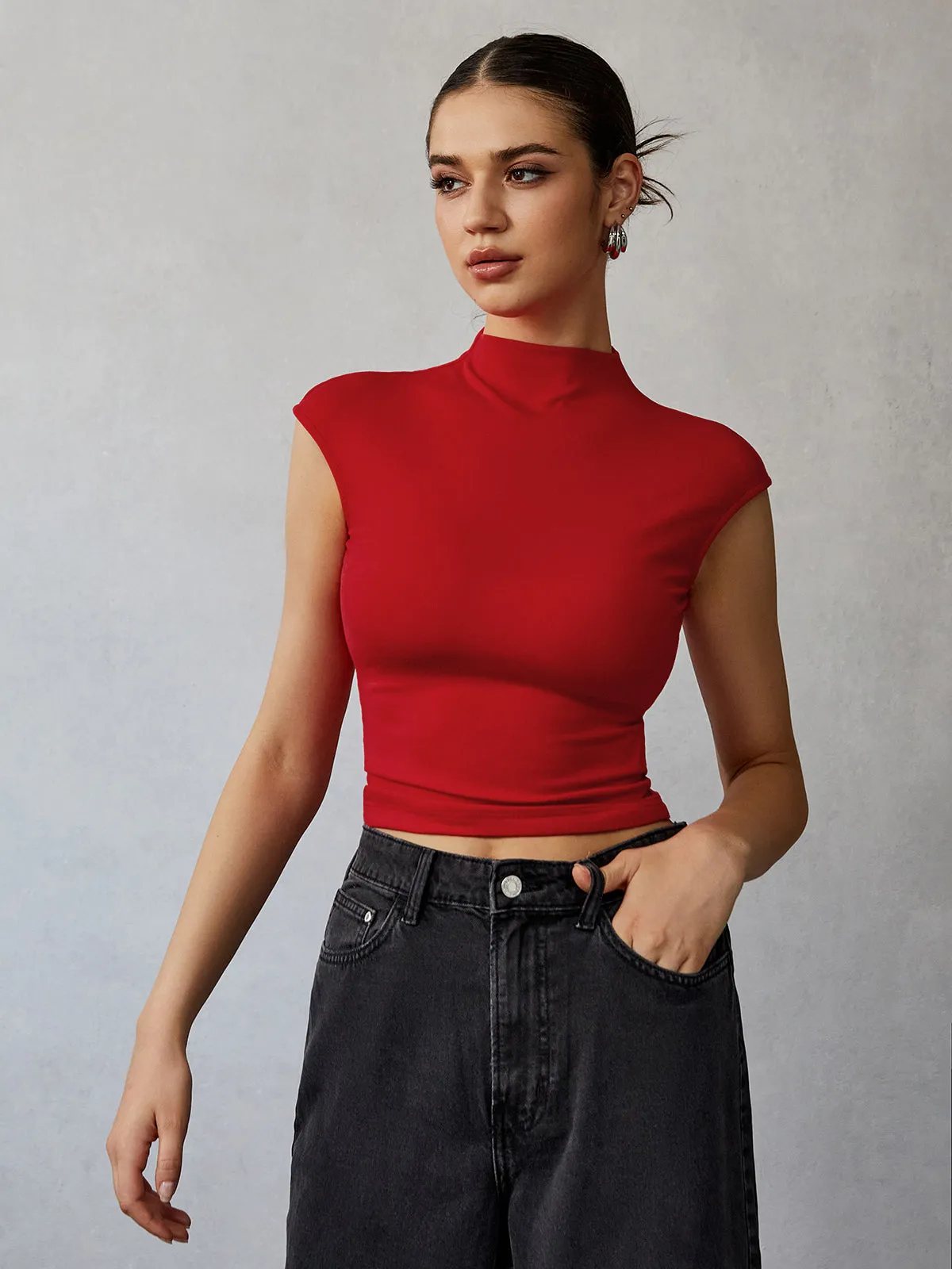 Mock Neck Cap Sleeve T-Shirt sold by COMMENSE product image thumbnail 5