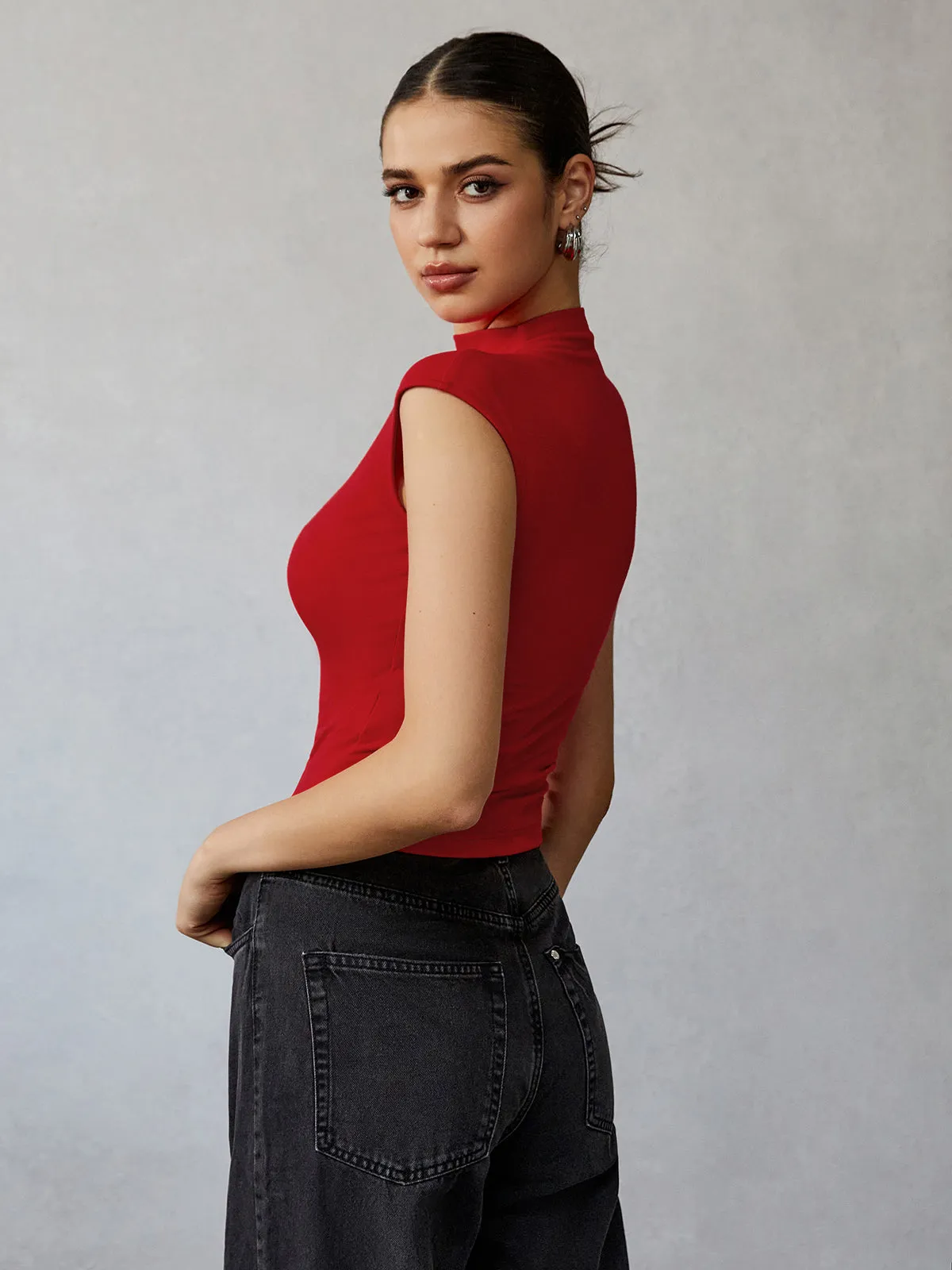 Mock Neck Cap Sleeve T-Shirt sold by COMMENSE product image thumbnail 3