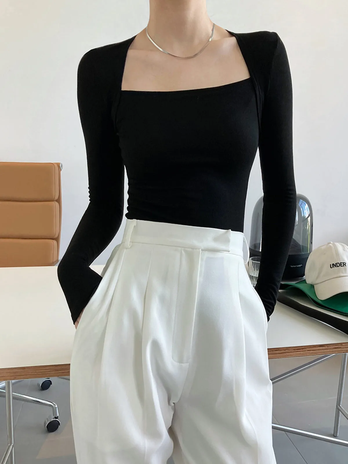 Square Neck Solid Long Sleeve Shirt sold by COMMENSE