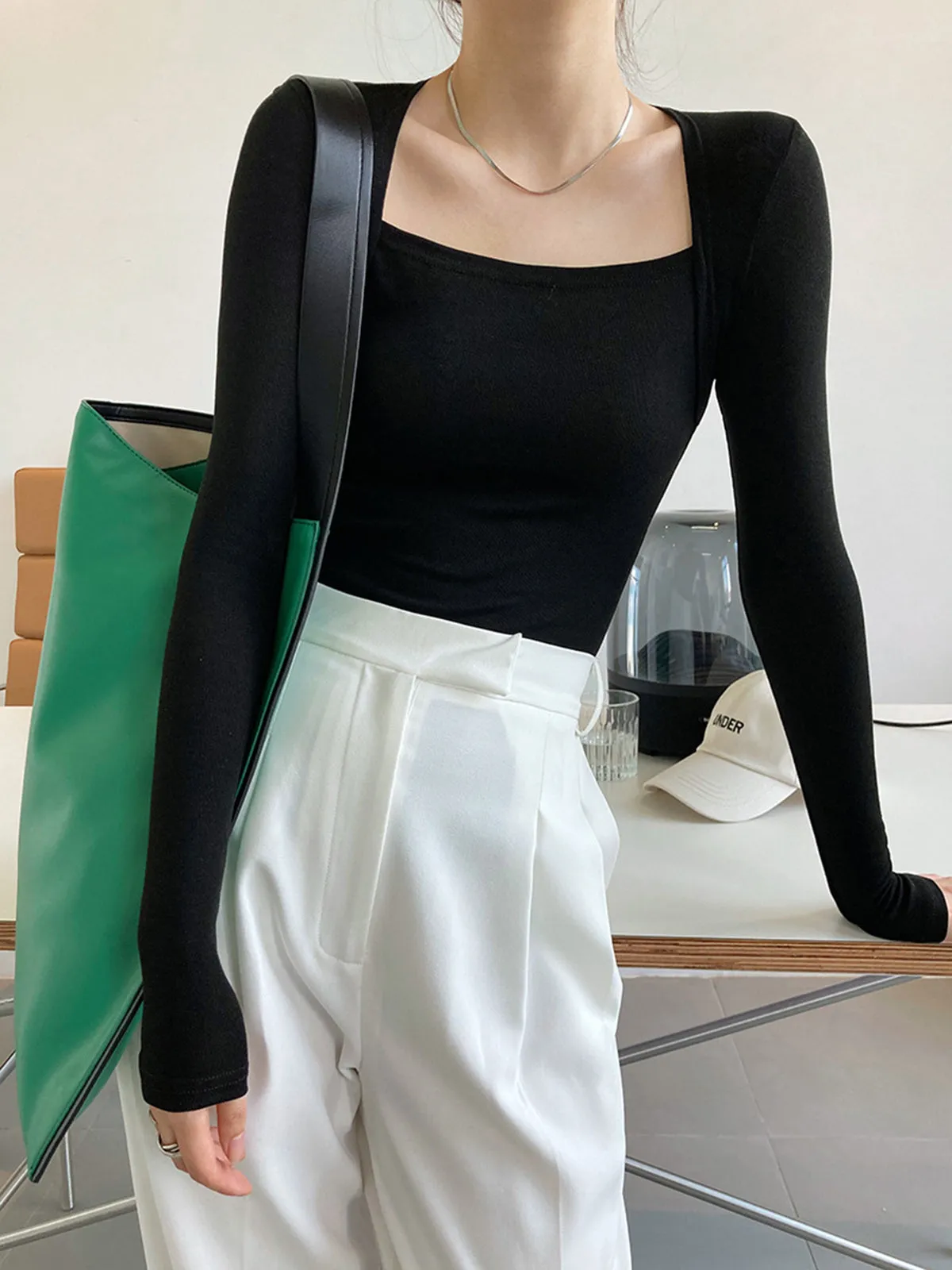 Square Neck Solid Long Sleeve Shirt sold by COMMENSE product image thumbnail 2