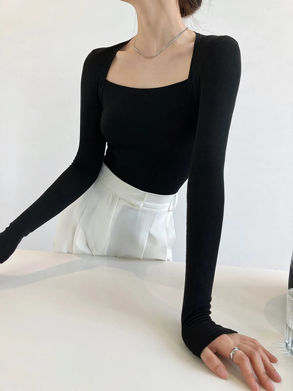 Square Neck Solid Long Sleeve Shirt sold by COMMENSE product image thumbnail 3