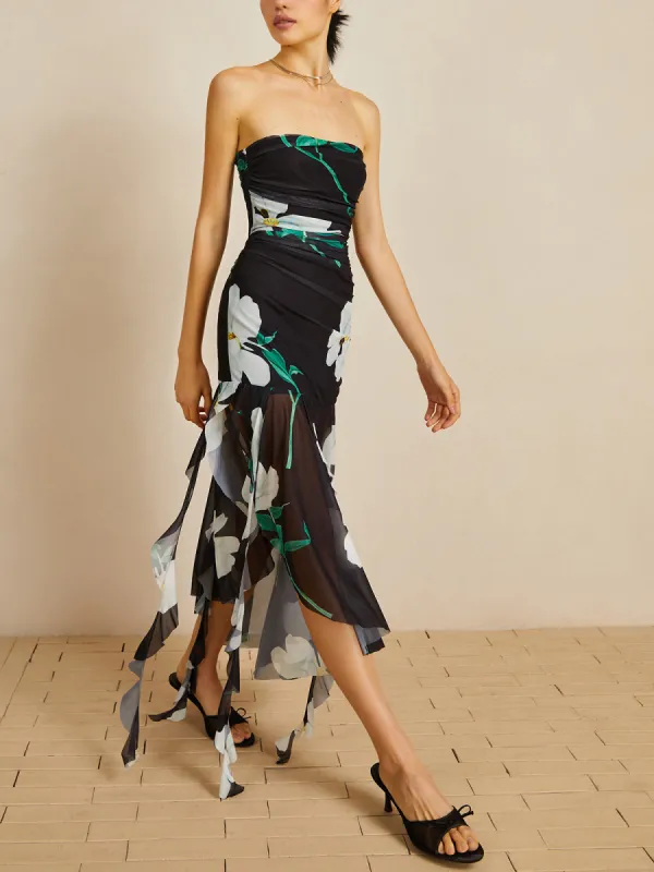 Floral Print Stretch Strapless Dress sold by COMMENSE