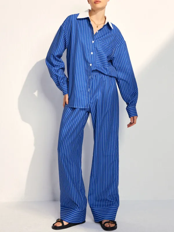 Pinstripe Contrast Lapel Pants Set sold by COMMENSE