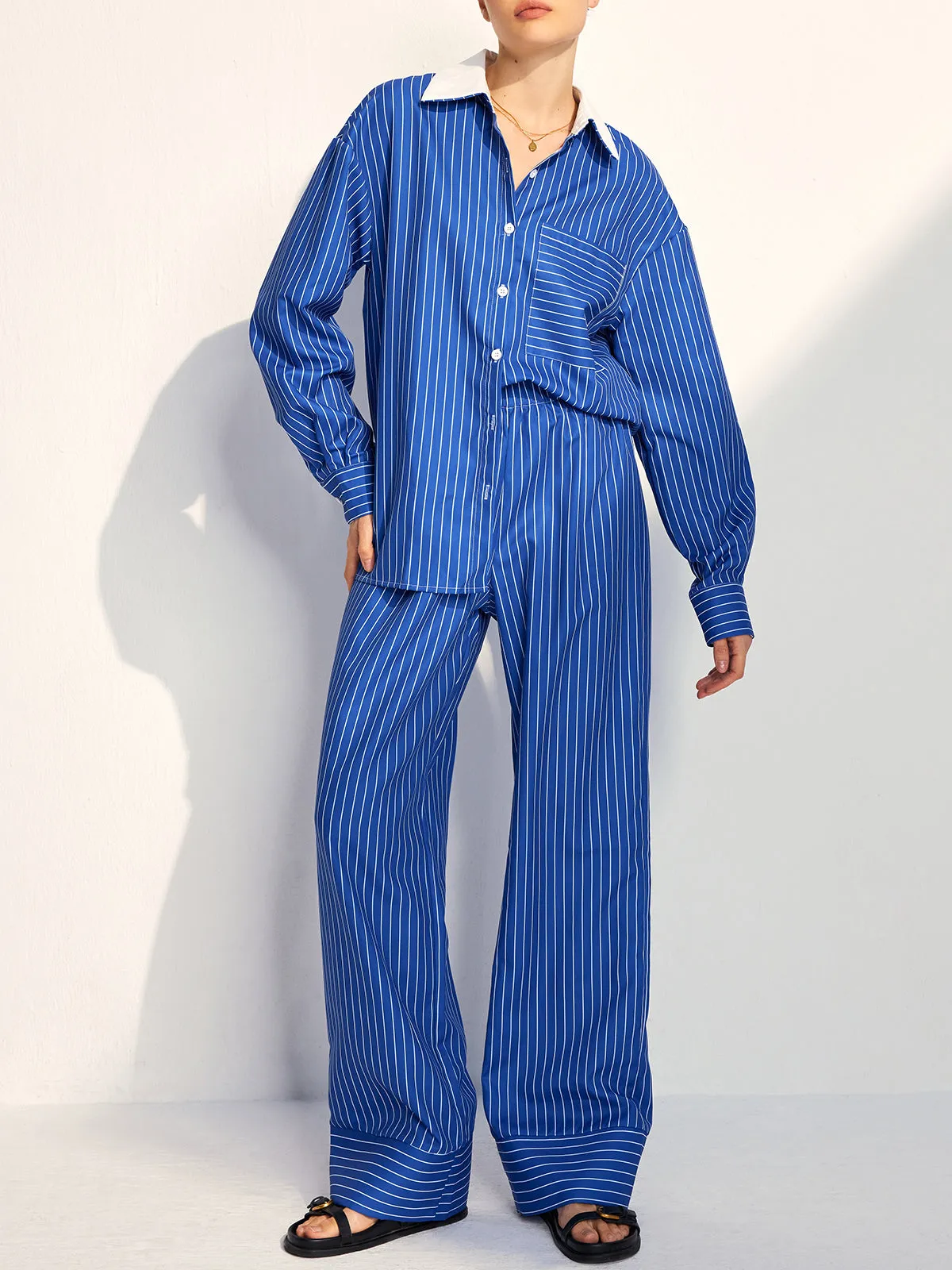 Pinstripe Contrast Lapel Pants Set sold by COMMENSE