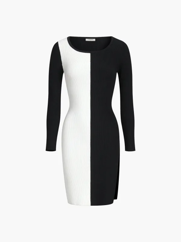 Two Tone Crew Neck Short Sweater Dress sold by COMMENSE