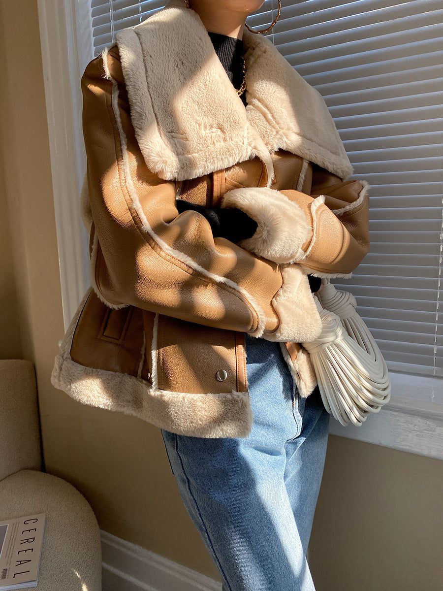 Sherpa Lined Shearling Leather Biker Jacket sold by COMMENSE product image thumbnail 4