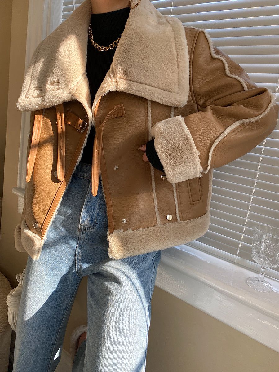 Sherpa Lined Shearling Leather Biker Jacket sold by COMMENSE product image thumbnail 2