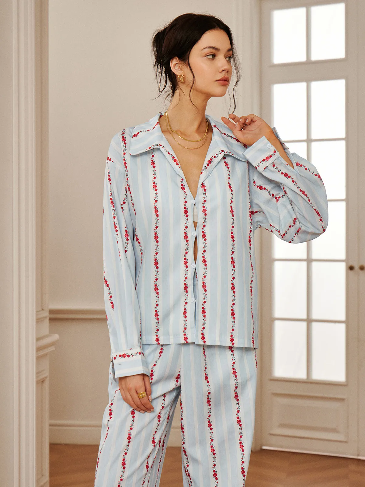 Floral Printed Stripe Cutout Pants Set sold by COMMENSE product image thumbnail 2