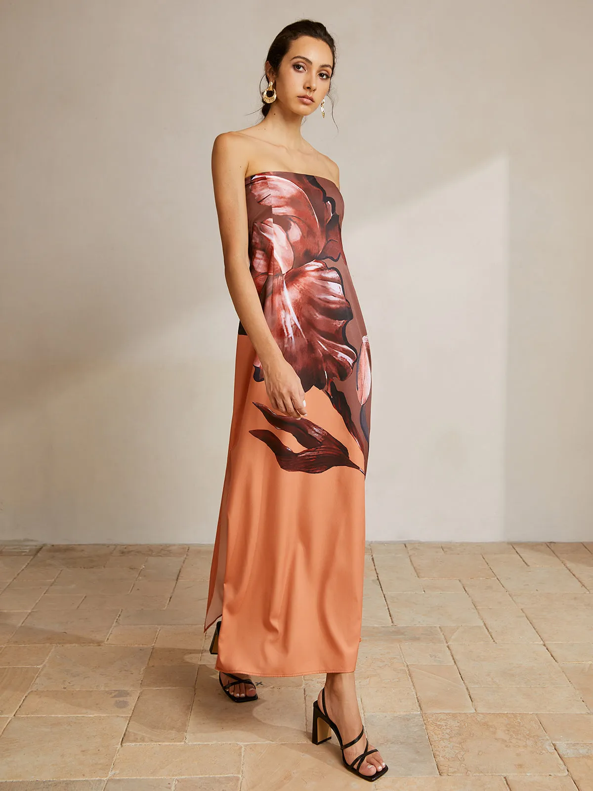 Printed Slit Tube Long Dress sold by COMMENSE