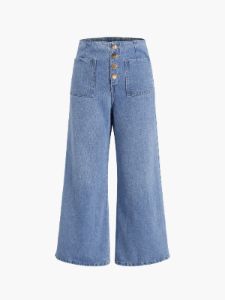 Buttoned Denim Wide Leg Ankle Jeans sold by COMMENSE