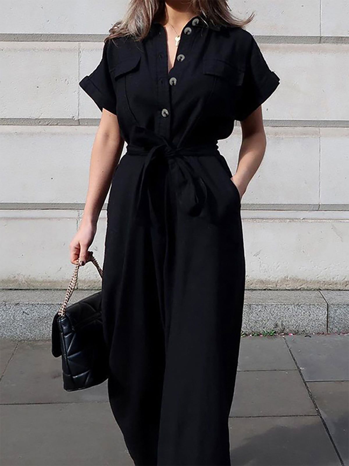 Minimalist Tied Button Down Jumpsuit sold by COMMENSE product image thumbnail 4