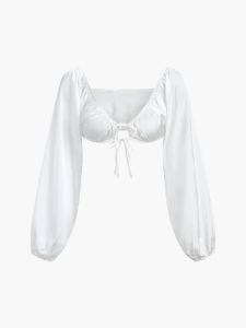 Puff Sleeve Tied Crop Top sold by COMMENSE