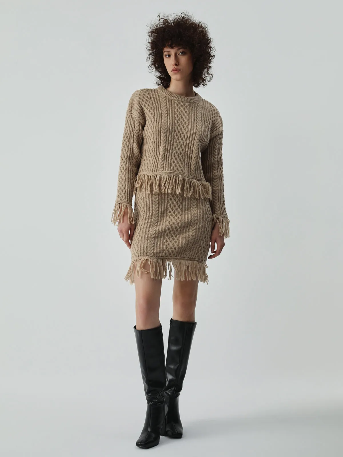 Tassel Hem Cable Knit Two Piece Long Sleeve Skirt Set sold by COMMENSE product image thumbnail 3
