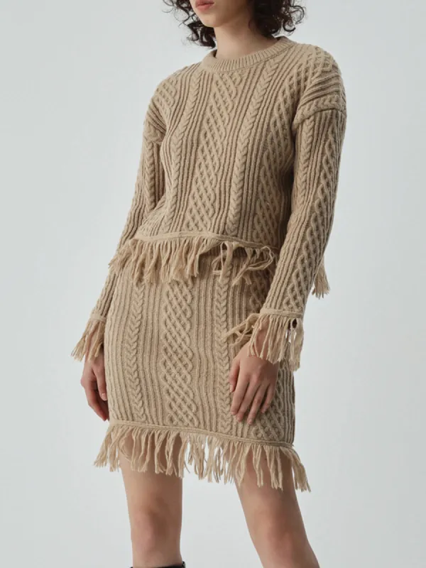 Tassel Hem Cable Knit Two Piece Long Sleeve Skirt Set sold by COMMENSE