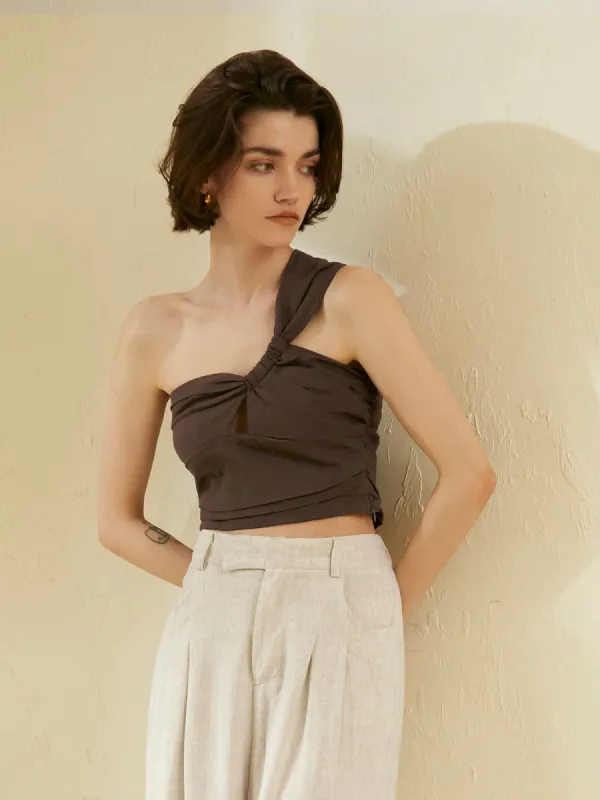 Asymmetrical Twist Linen Crop Top sold by COMMENSE