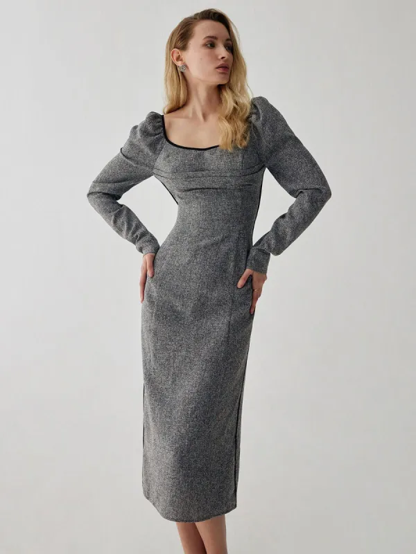 Contrast Trim Puff Sleeve Ruched Split Midi Dress sold by COMMENSE