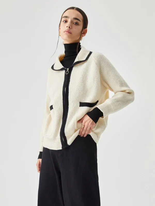 Collared Zippered Contrast Trim Pocket Cardigan sold by COMMENSE