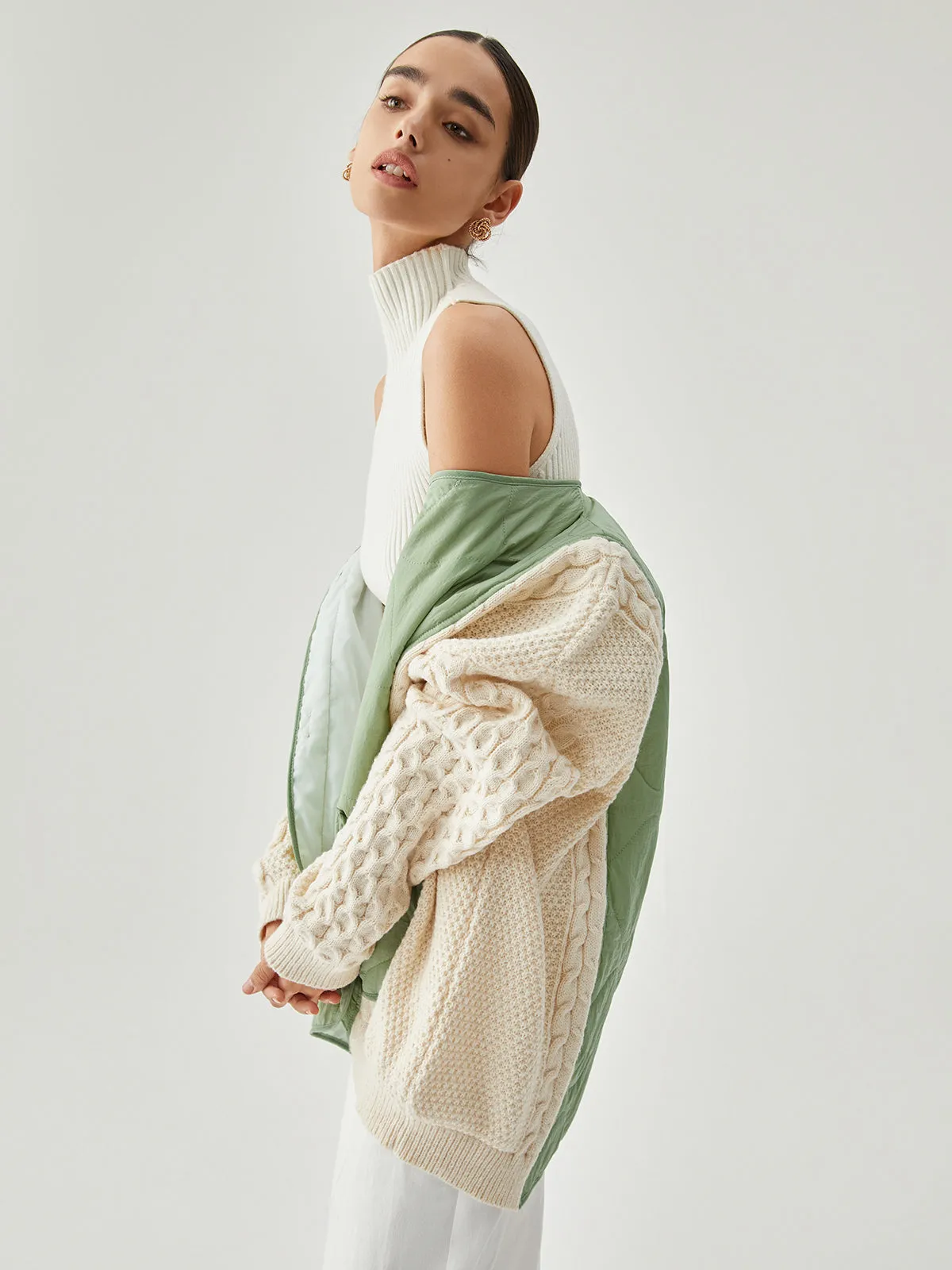 Patchwork Contrast Color Crocheted Sleeve Winter Coat sold by COMMENSE product image thumbnail 2