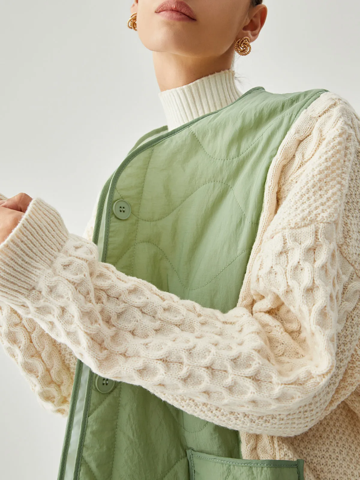 Patchwork Contrast Color Crocheted Sleeve Winter Coat sold by COMMENSE product image thumbnail 4