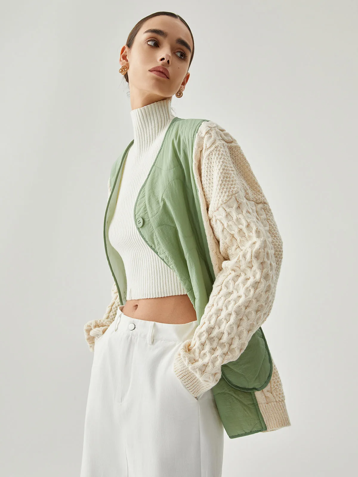 Patchwork Contrast Color Crocheted Sleeve Winter Coat sold by COMMENSE