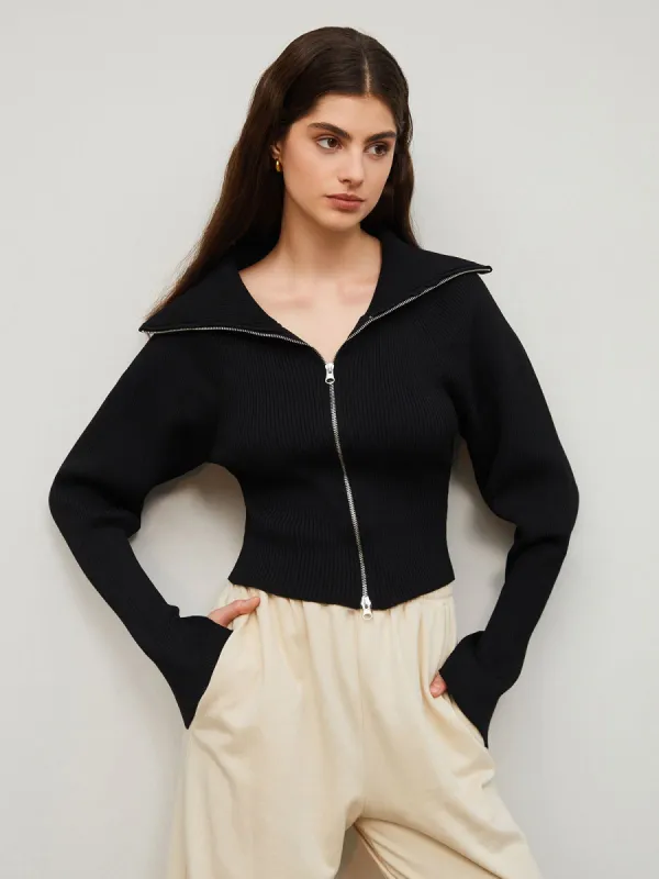 Everyday Zippered Collared Cardigan sold by COMMENSE