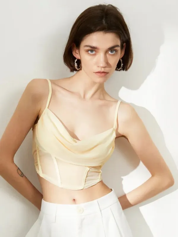Cowl Neck Mesh Corset Crop Top sold by COMMENSE