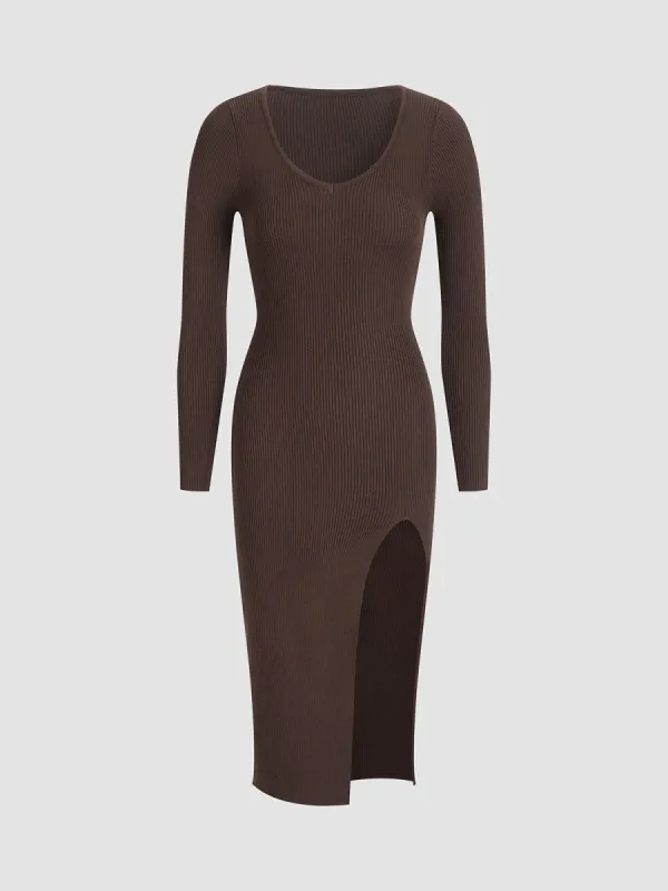 Brownie Rib Long Sleeve Midi Sweater Dress sold by COMMENSE
