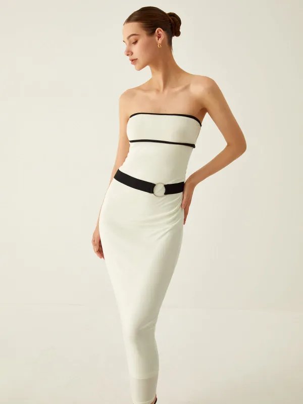 Contrast Binding Belted Knit Midi Dress sold by COMMENSE