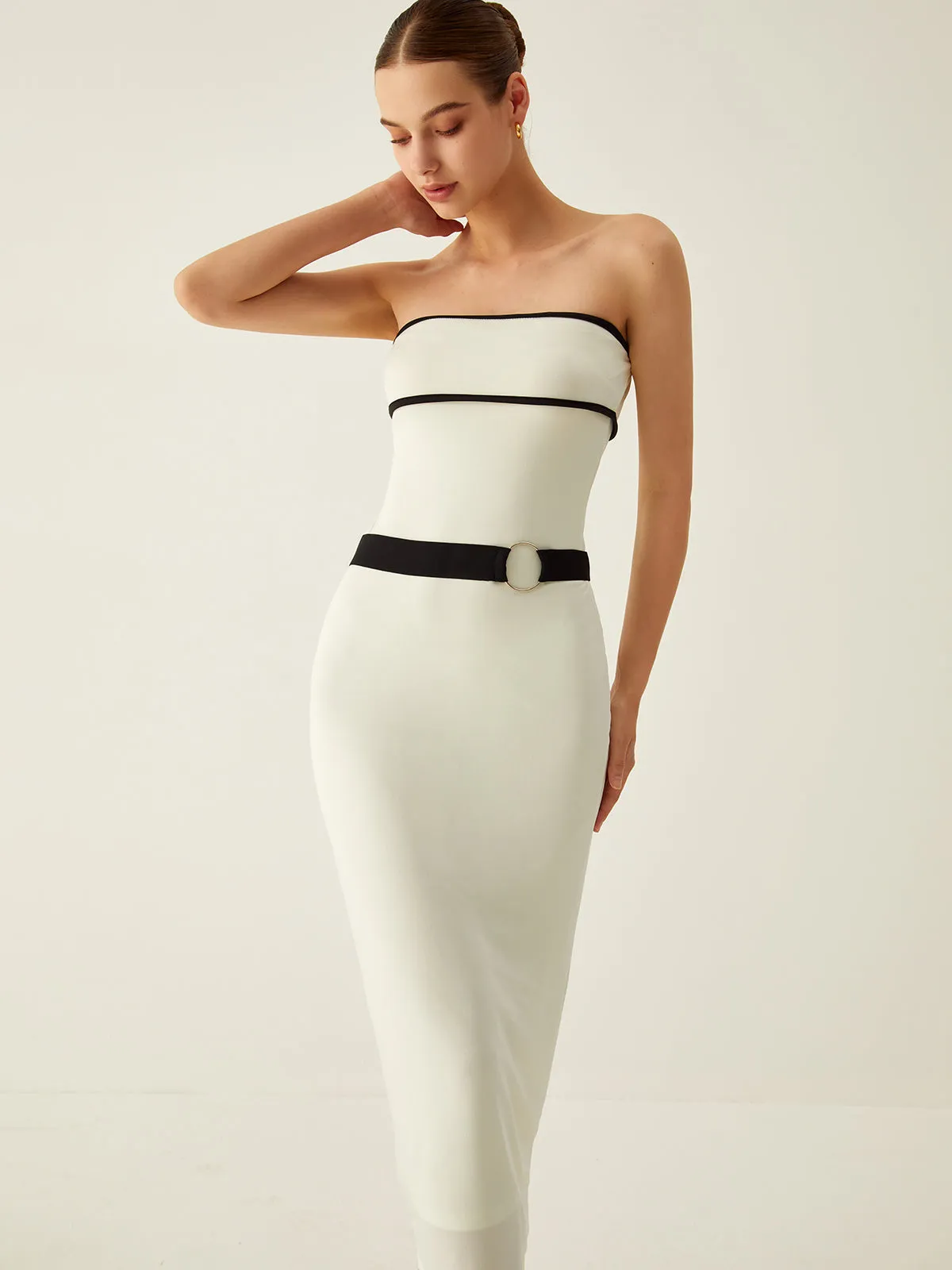 Contrast Binding Belted Knit Midi Dress sold by COMMENSE product image thumbnail 4