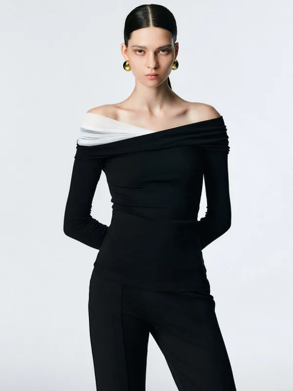 Asymmetric Off Shoulder Long Sleeve Mesh Top sold by COMMENSE