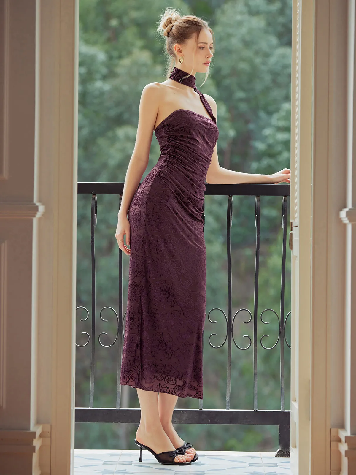 Floral Paisley Ruched Long Dress With Scarf sold by COMMENSE product image thumbnail 5