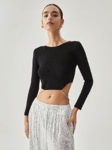 Open Back Chain Decor Long Sleeve Crop Top sold by COMMENSE